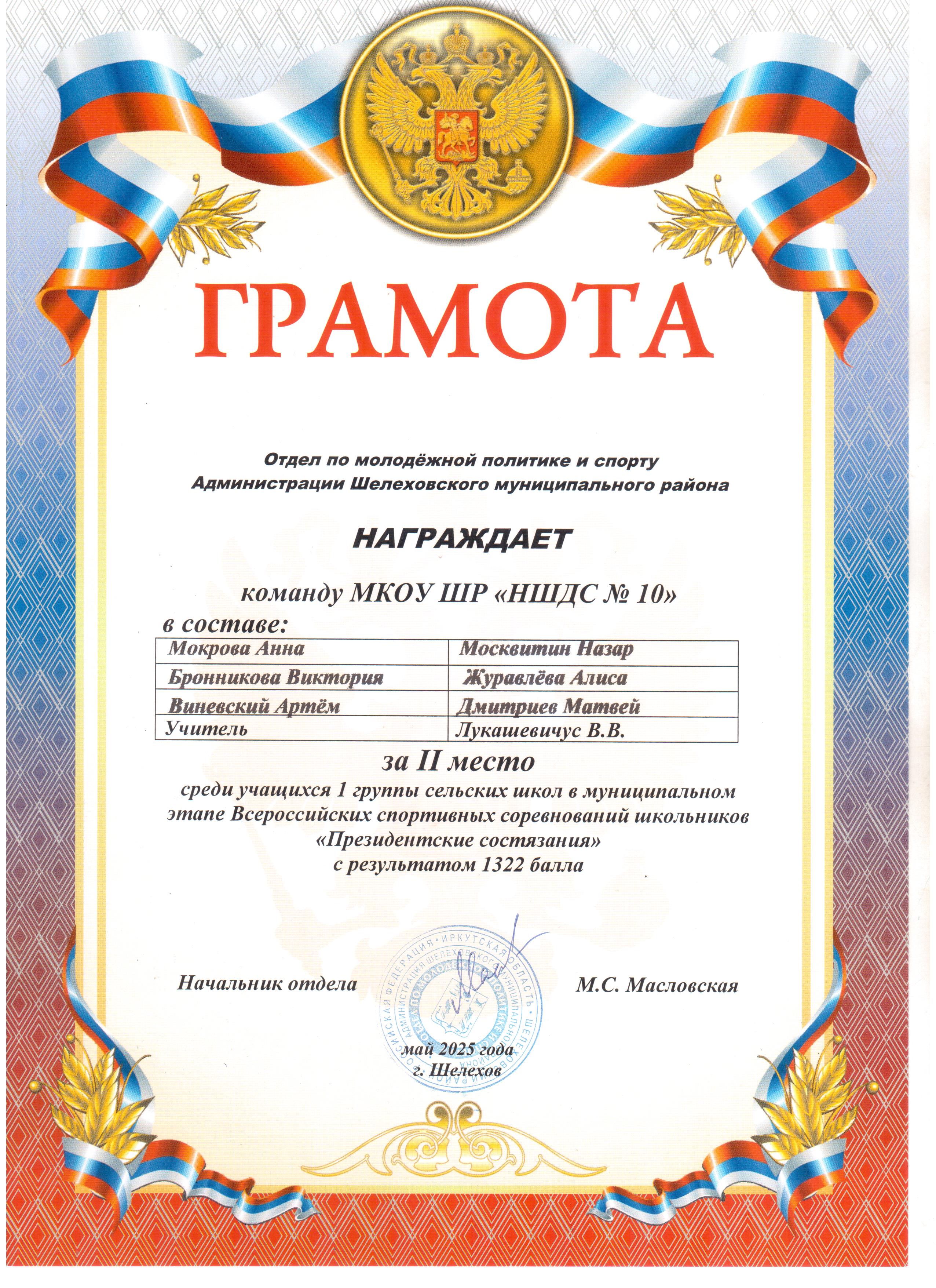 Грамота МКОУ ШР НШДС № 10 за 2 место в соревнованиях &quot;Президентские состязания.&quot;.