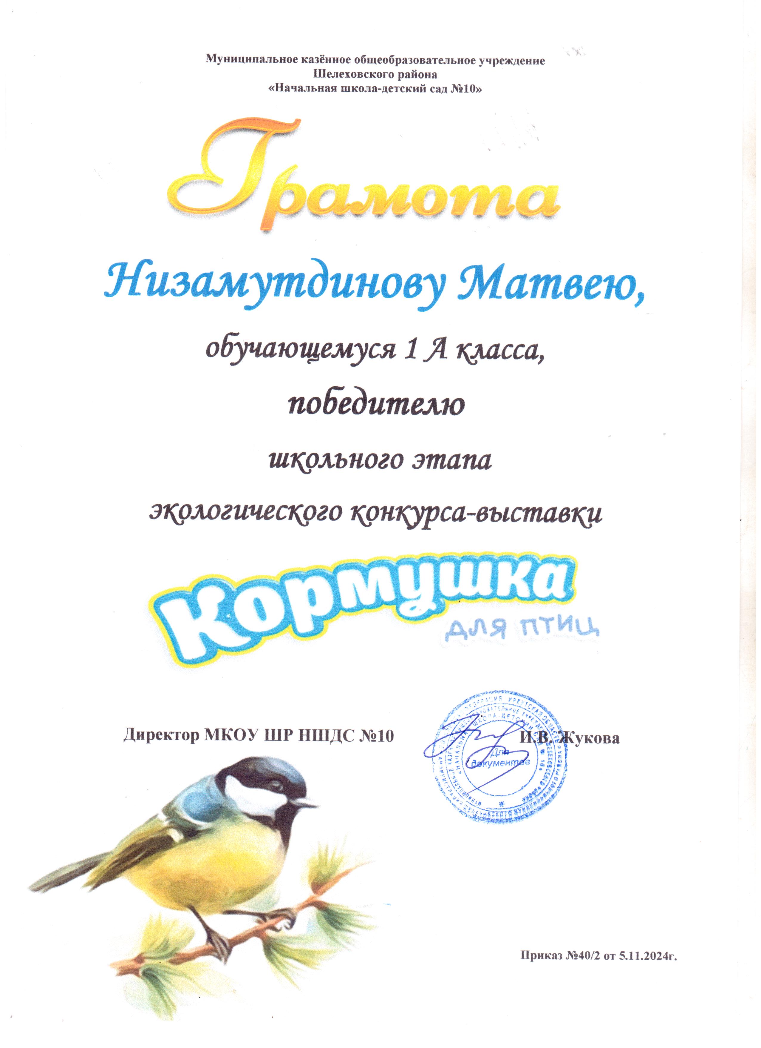 Грамота Низамутдинову Матвею 1А класса победителю школьного этапа экологического конкурса - выставки кормушка для птиц..