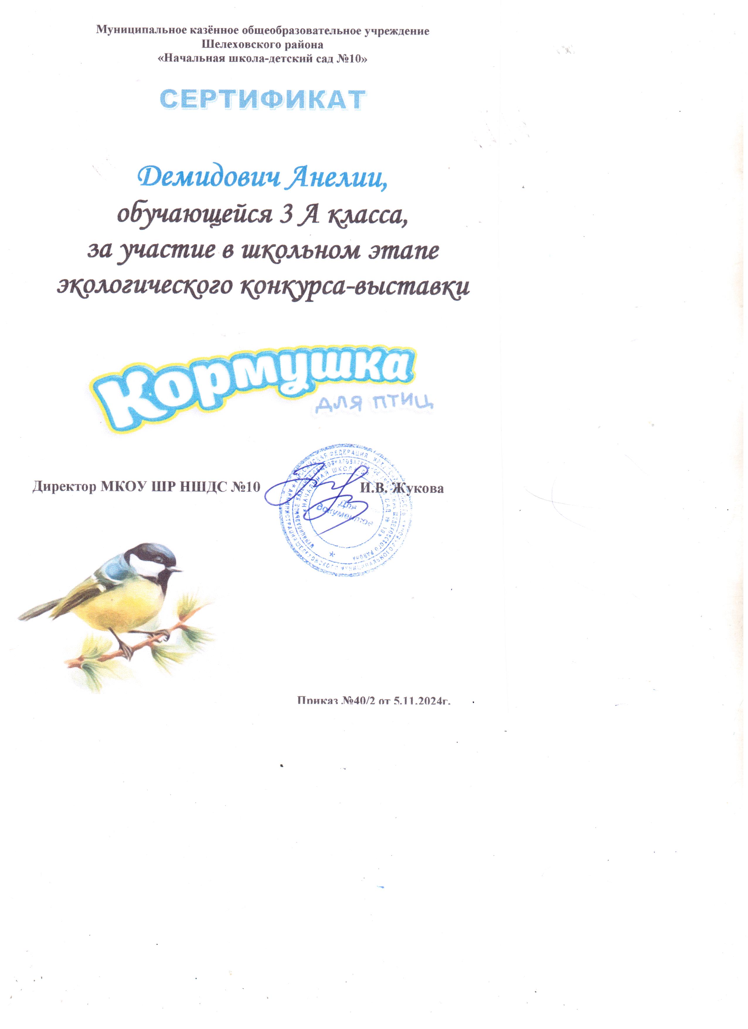 Сертификат Демидович Анелии 3А класса за участие в школьном этапе экологического конкурса-выставки кормушка для птиц..