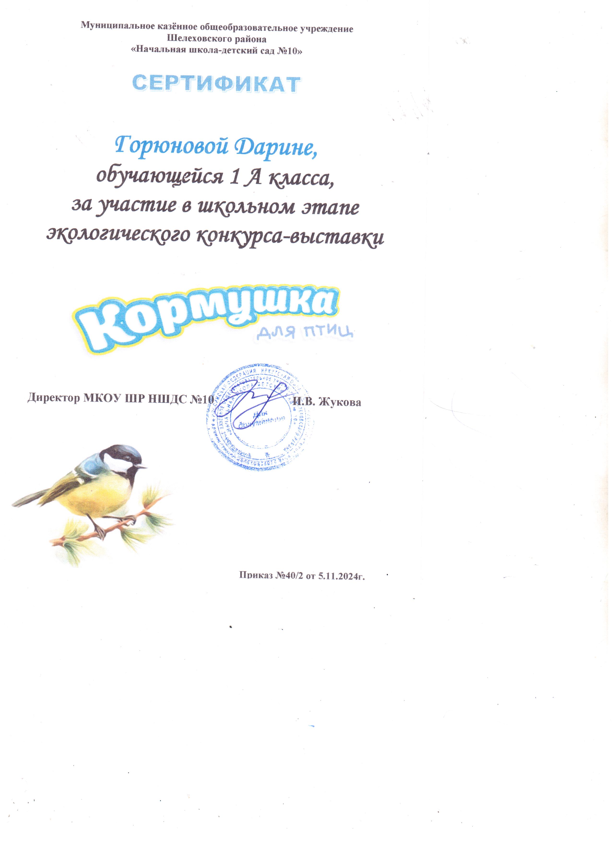 Сертификат Горюновой Дарине 1А класса за участие в школьном этапе экологического конкурса-выставки кормушка для птиц..